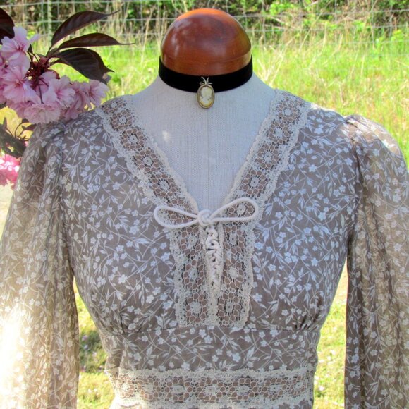 VICTORIAN COSTUME GOWN, S, WIDE RUFFLED SKIRT, TAUPE PRINT, LACE TRIM, LADYLIKE - Picture 2 of 9